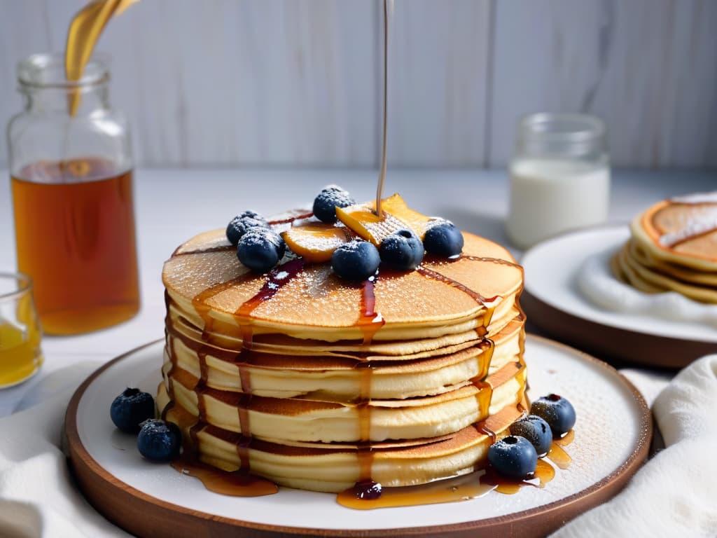  A closeup, photorealistic image of a stack of fluffy vegan pancakes drizzled with rich, ambercolored maple syrup. The syrup is cascading down the sides of the pancakes, glistening in the light, with a few fresh berries scattered on top. The wooden table underneath is beautifully textured, showing intricate grains and knots, enhancing the natural, organic feel of the scene. hyperrealistic, full body, detailed clothing, highly detailed, cinematic lighting, stunningly beautiful, intricate, sharp focus, f/1. 8, 85mm, (centered image composition), (professionally color graded), ((bright soft diffused light)), volumetric fog, trending on instagram, trending on tumblr, HDR 4K, 8K