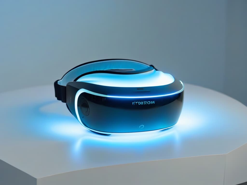  A highresolution, ultradetailed image of a sleek, futuristic augmented reality headset displayed on a pristine white background. The headset is illuminated with a soft, ambient light, highlighting its sleek design and intricate details. The image conveys a sense of cuttingedge technology and innovation, perfect for capturing the essence of augmented reality in a professional and inspirational manner. hyperrealistic, full body, detailed clothing, highly detailed, cinematic lighting, stunningly beautiful, intricate, sharp focus, f/1. 8, 85mm, (centered image composition), (professionally color graded), ((bright soft diffused light)), volumetric fog, trending on instagram, trending on tumblr, HDR 4K, 8K