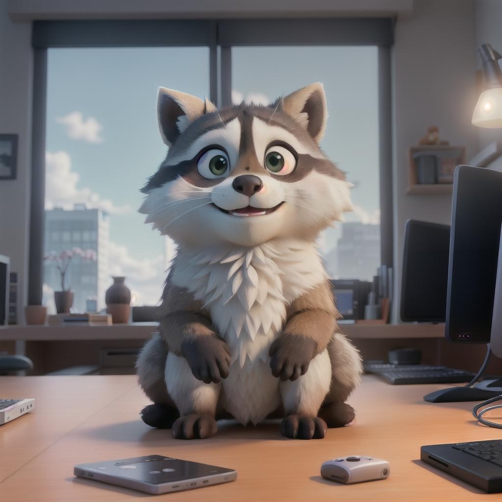  raccoon sitting in gaming chair front a computer on desktop, ((semi anthropomorphic)),(full body), tail, belly, sitting, fat, (chubby), (((white background))), solo, desktop, gaming chair, side view,  [[[clothes]]] hyperrealistic, full body, detailed clothing, highly detailed, cinematic lighting, stunningly beautiful, intricate, sharp focus, f/1. 8, 85mm, (centered image composition), (professionally color graded), ((bright soft diffused light)), volumetric fog, trending on instagram, trending on tumblr, HDR 4K, 8K