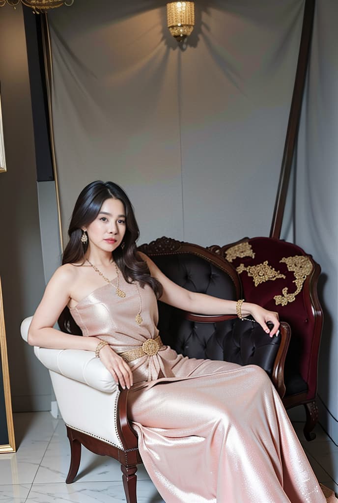  A 50-year-old man in formal wear is posing for a photo behind a plump 45-year-old woman wearing an evening gown who is sitting on a luxurious chair. Vintage oil painting background, 1boy,1girl, sabai,jewelry,thailand tradition dress ADVERTISING PHOTO,high quality, good proportion, masterpiece , The image is captured with an 8k camera and edited using the latest digital tools to produce a flawless final result.