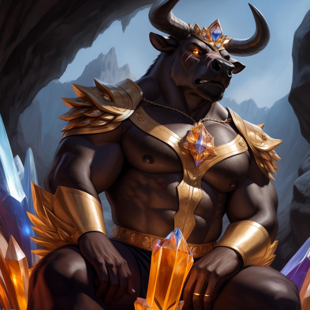  By chunie, by Meesh, 3d, portrait, full view, full body, detailed eyes, glowing eyes:2, sharp detail, masterpiece, crystallized horns:2, wear crystal crown, photorealistic:2, solo, anthro, male, black bull, scar on face, large muzzle, a black bull sitting on a crystal throne:2, large cave, mouth closed, angry face:2, serious face:2, rage, enraged:2, ultra detailed glowing amber crystals, ultra detailed sparkling crystal armor:2(amber crystals), sfw, thick body:2, muscular body:2, large body:2, stare at the camera, open eyes, digital art, masterpiece, 4k, fine details,