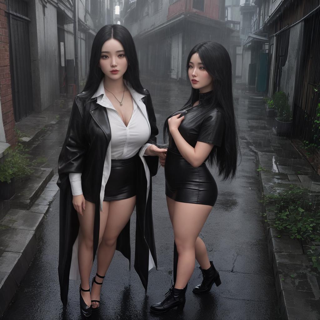  masterpiece, best quality, a beautiful (((((totally ))))) ebony-black with long black hair. Her oiled, , hourgl figure ((())) is tastefully emphasized, celeting body positivity and self-acceptance. The setting is a filthy alleyway, heavy rain providing a sinister, scary backdrop. large s, hard s, (()), oiled, ((()))