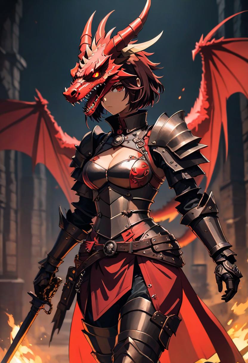  anime artwork dragon head, A wemale, without a human head, dragon, bronz skin, noble outfit. Darkest dungeon style, Handsome woman, iron armor, d&d, aged black red paper, inkpunk, concept art, lonely, solitude, windy, full body, . anime style, key visual, vibrant, studio anime, highly detailed hyperrealistic, full body, detailed clothing, highly detailed, cinematic lighting, stunningly beautiful, intricate, sharp focus, f/1. 8, 85mm, (centered image composition), (professionally color graded), ((bright soft diffused light)), volumetric fog, trending on instagram, trending on tumblr, HDR 4K, 8K