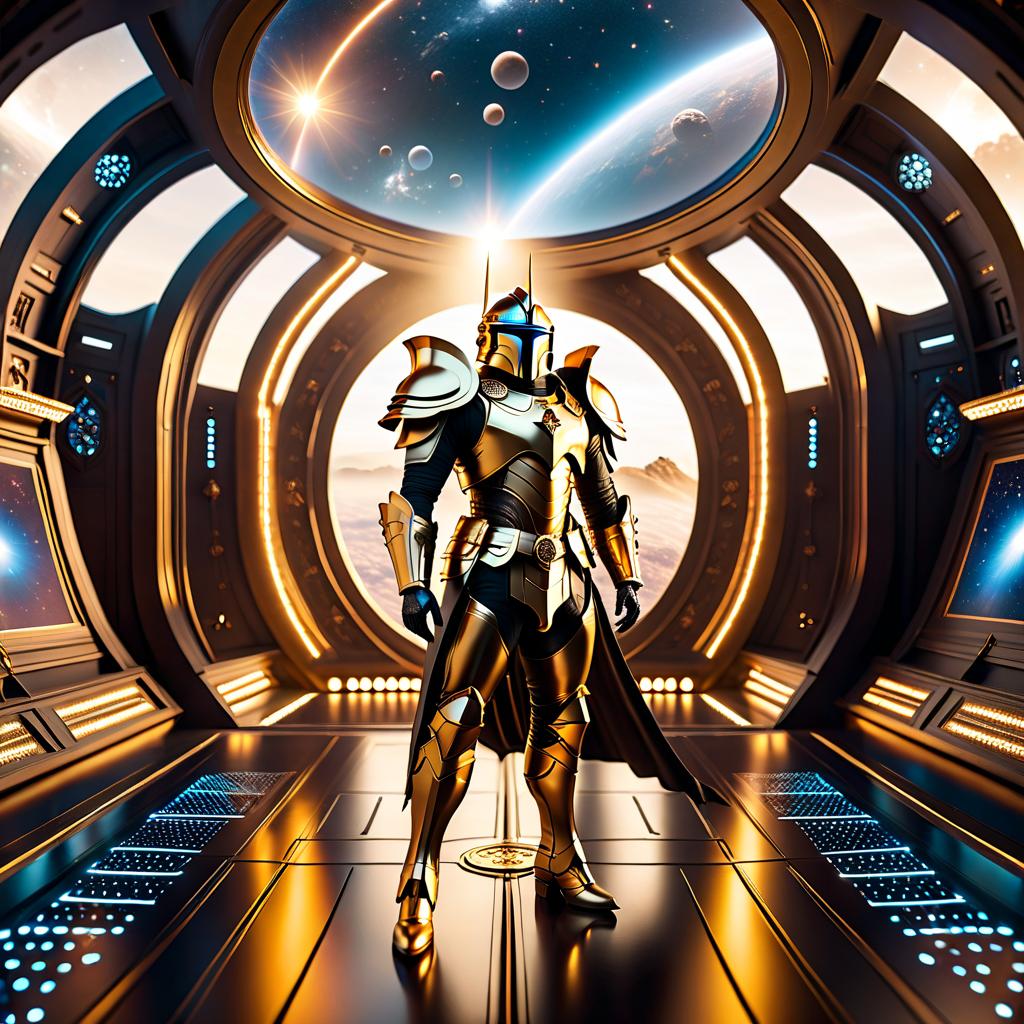  Inner space of a cosmic ship in a knightly style with a view of the cosmos, adorned with golden ornaments. hyperrealistic, full body, detailed clothing, highly detailed, cinematic lighting, stunningly beautiful, intricate, sharp focus, f/1. 8, 85mm, (centered image composition), (professionally color graded), ((bright soft diffused light)), volumetric fog, trending on instagram, trending on tumblr, HDR 4K, 8K