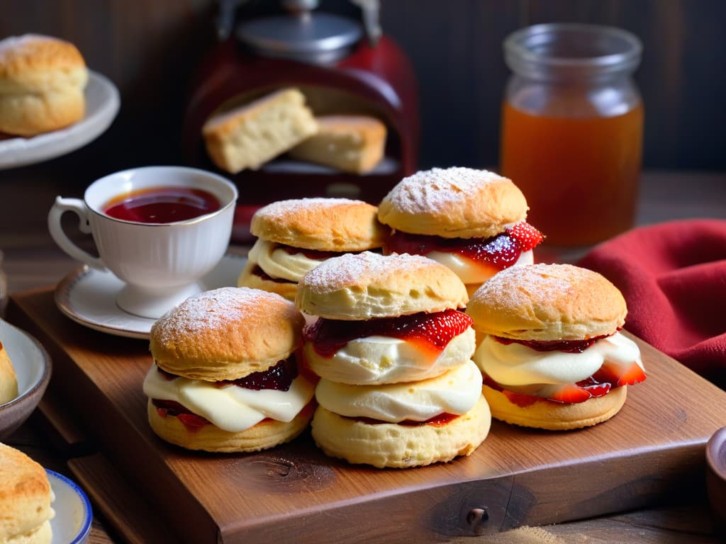  A closeup, ultradetailed image of freshly baked traditional British scones, goldenbrown and perfectly risen, topped with a dollop of clotted cream and strawberry jam. The scones are placed on a rustic wooden serving board, surrounded by vintage teacups and a steaming pot of tea. The lighting is soft and warm, highlighting the textures of the scones and creating a cozy, inviting atmosphere. hyperrealistic, full body, detailed clothing, highly detailed, cinematic lighting, stunningly beautiful, intricate, sharp focus, f/1. 8, 85mm, (centered image composition), (professionally color graded), ((bright soft diffused light)), volumetric fog, trending on instagram, trending on tumblr, HDR 4K, 8K