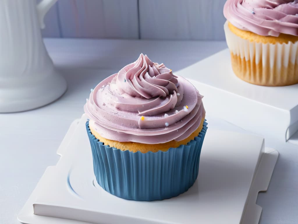  A closeup, ultradetailed image of a perfectly frosted cupcake, showcasing intricate swirls of pastel pink buttercream with delicate sprinkles on top. The frosting is smooth, with a glossy sheen reflecting light, and each sprinkle is placed meticulously, adding a pop of color against the soft hue of the cupcake. The background is a subtle gradient that fades from a pale lavender at the top to a pale blue at the bottom, providing a clean and minimalistic look that allows the cupcake to stand out as the focal point. hyperrealistic, full body, detailed clothing, highly detailed, cinematic lighting, stunningly beautiful, intricate, sharp focus, f/1. 8, 85mm, (centered image composition), (professionally color graded), ((bright soft diffused light)), volumetric fog, trending on instagram, trending on tumblr, HDR 4K, 8K