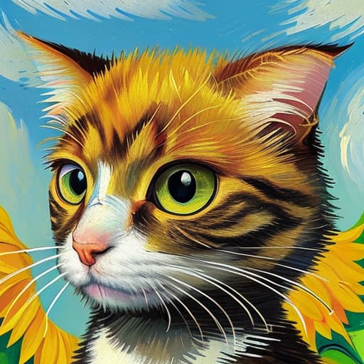  Replace the flower part of Van Gogh's sunflower with a cat's head,