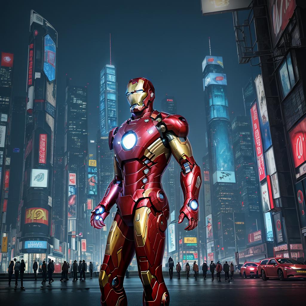  masterpiece, best quality, Best quality, masterpiece, 8k resolution, realistic, highly detailed, close up of Iron Man. In a cyberpunk-style night scene of the city, he stands on a street lined with tall buildings. The city's night lights are bright, The surrounding buildings and streets are filled with cyberpunk elements such as neon lights, high-tech devices, and futuristic architectural designs.