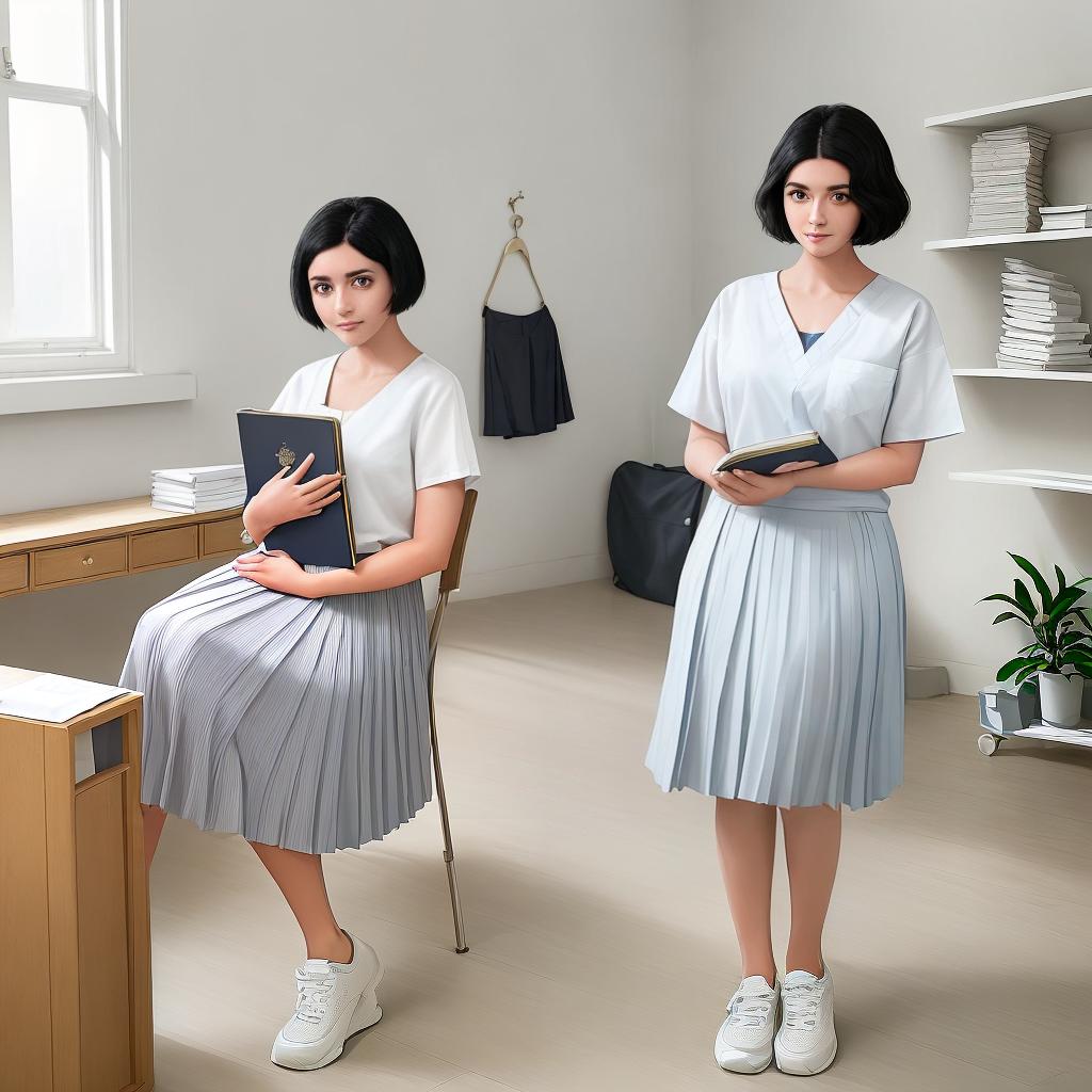  A young woman with short black hair, big eyes and a serious expression stood in the infirmary with a gentle smile. She wore a crisp white shirt, a pleated skirt and comfortable sneakers. She held a book full of knowledge and escapism. The environment was clean and sterile, and medical equipment was neatly arranged on the shelves. The atmosphere was calm but curious and expectant. Style is a photograph that captures a quiet moment of contemplation. Soft, natural light shines through the window, casting a warm glow on the woman's face. This is a high-resolution image taken with a DSLR camera, showing the intricate details of the woman's face and the texture of her clothes.