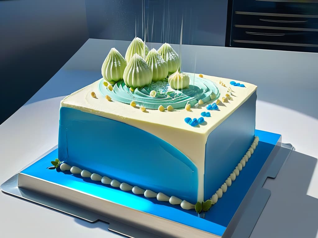  A highresolution image of a sleek, modern kitchen countertop with a holographic display projecting a detailed 3D interactive cake design floating above it. The countertop is immaculately clean, with a few highend baking tools strategically placed, enhancing the futuristic and professional vibe. The holographic cake design showcases intricate layers, frosting techniques, and decorative elements, all illuminated in a soft, inviting glow against a backdrop of a digitally rendered kitchen environment. hyperrealistic, full body, detailed clothing, highly detailed, cinematic lighting, stunningly beautiful, intricate, sharp focus, f/1. 8, 85mm, (centered image composition), (professionally color graded), ((bright soft diffused light)), volumetric fog, trending on instagram, trending on tumblr, HDR 4K, 8K