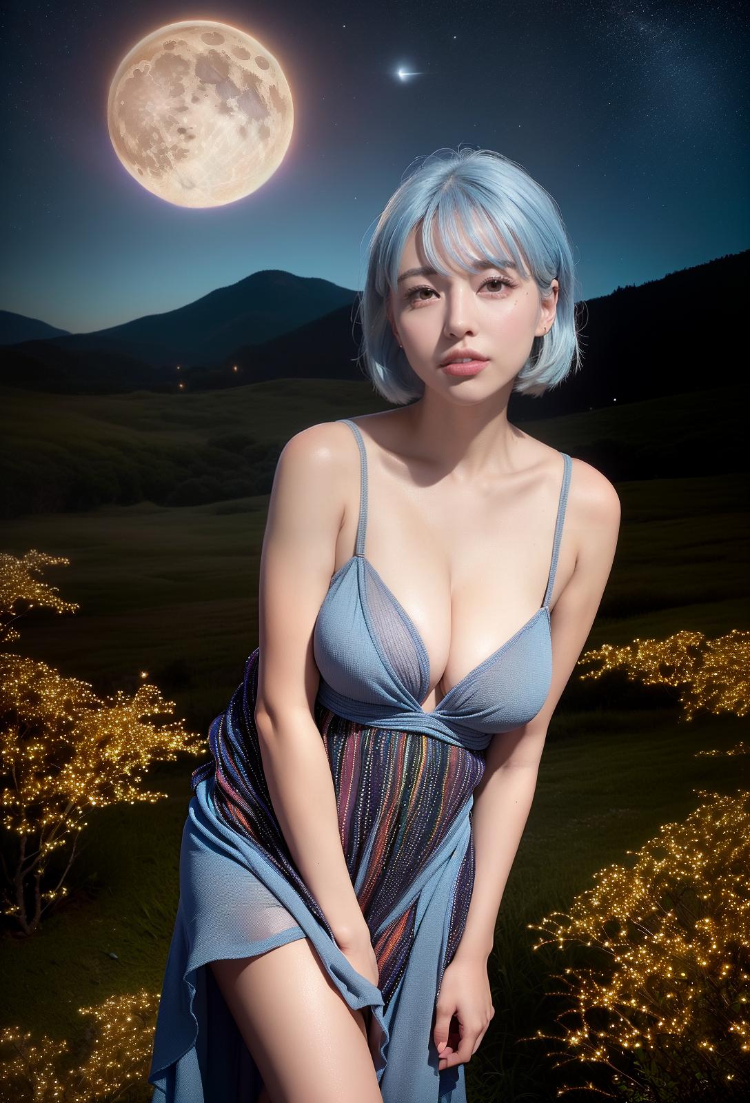  Highest quality, 4K, high resolution, realistic, night sky, moon, star, beautiful woman, full time smile, big eyes, plump breasts, narrow waist, outstanding style, narrow ankle, wide landscape photo , Light blue hair, (seen from below, the sky is above, and the open field is below), (full moon: 1.2), (Meteor: 0.9), (Meteor: 0.9), (Meteor: 0.9) Nebula: 1.3), distant mountains, trees destroy art, (warm light: 1.2), (fireflies: 1.2), Light, purple and orange, complex details, volumetric lighting break (masterpiece: 1.2), (Maximum quality), 4K, super detail, (dynamic configuration: 1.4), rich colors, (rainbow color: 1.2), (shine, lighting with atmosphere), dreamy, magic, (per person : 1.2), (Masterpiece, BestQuality:1.3), (ultra detailed:1.2)