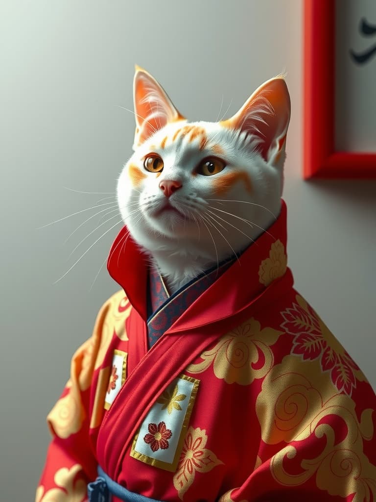  crie uma imagem de um gato persa vestido com um kimono elegante. o kimono deve ser detalhado, com padrões tradicionais e cores vibrantes, como vermelho, dourado e azul, refletindo o estilo clássico ..... hyperrealistic, full body, detailed clothing, highly detailed, cinematic lighting, stunningly beautiful, intricate, sharp focus, f/1. 8, 85mm, (centered image composition), (professionally color graded), ((bright soft diffused light)), volumetric fog, trending on instagram, trending on tumblr, HDR 4K, 8K