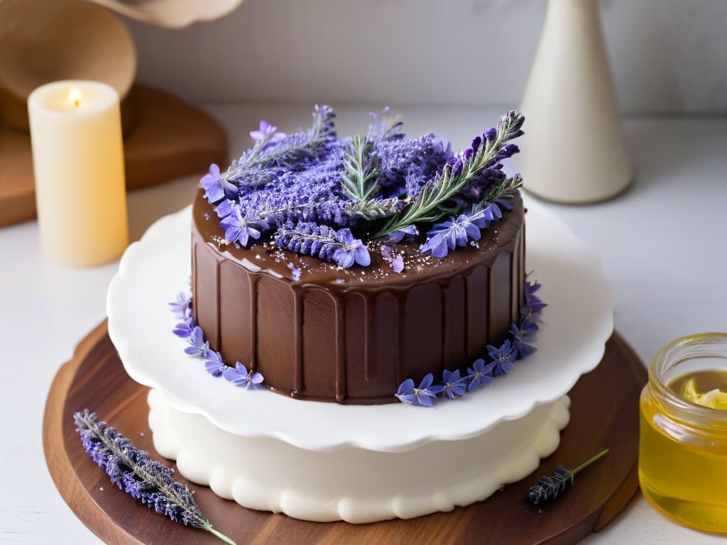  An elegant, minimalistic image of a decadent chocolate lavender cake adorned with delicate fresh lavender sprigs on a sleek, modern white plate against a softfocused background of a kitchen with subtle hints of essential oil bottles and citrus fruits. The cake is perfectly sliced to reveal a rich, moist interior, and the play of light highlights the glossy ganache glaze, creating a sophisticated and inviting visual for the article on Aromatherapy in desserts. hyperrealistic, full body, detailed clothing, highly detailed, cinematic lighting, stunningly beautiful, intricate, sharp focus, f/1. 8, 85mm, (centered image composition), (professionally color graded), ((bright soft diffused light)), volumetric fog, trending on instagram, trending on tumblr, HDR 4K, 8K