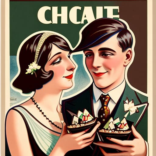  Vintage 1920’s chocolate advertising posters with a romantic couple. Foreground, pieces of fine dark chocolate in candy cups