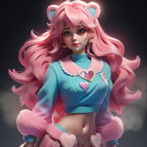  A pink Care Bear with two intertwined hearts as her tummy symbol , hyperrealistic, high quality, highly detailed, cinematic lighting, intricate, sharp focus, f/1. 8, 85mm, (centered image composition), (professionally color graded), ((bright soft diffused light)), volumetric fog, trending on instagram, HDR 4K, 8K