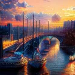  A highly detailed digital painting of a picturesque cityscape at sunset, in the style of impressionism, with vibrant colors and soft lighting., high resolution, sharp focus, ((masterpiece)), (professionally color graded), ((bright soft diffused light))