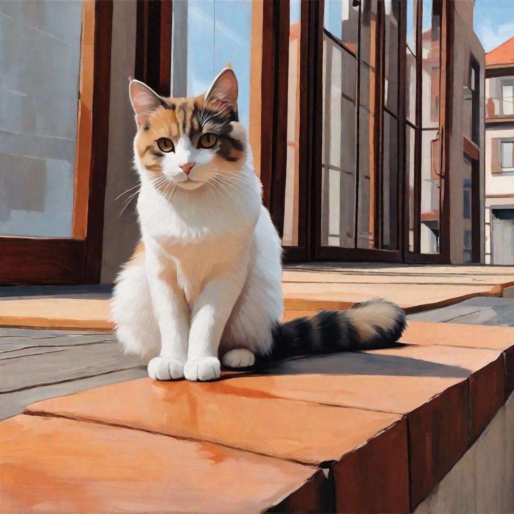  masterpiece, best quality,A cat sitting on a building, HD, orange cat, cute expression, realistic painting