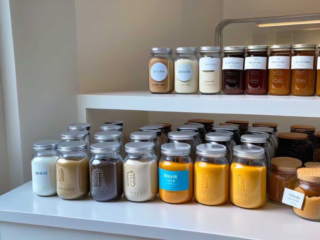  An ultradetailed, minimalistic image of a pristine, immaculate kitchen counter with an array of meticulously organized glutenfree baking ingredients in stylish, uniform glass jars. The labels on the jars are elegantly designed with a modern font, showcasing various flours, xanthan gum, baking powder, and other glutenfree essentials. The natural light pouring in from a nearby window highlights the clarity and precision of the setup, creating a serene and visually appealing scene that embodies the essence of professional glutenfree baking. hyperrealistic, full body, detailed clothing, highly detailed, cinematic lighting, stunningly beautiful, intricate, sharp focus, f/1. 8, 85mm, (centered image composition), (professionally color graded), ((bright soft diffused light)), volumetric fog, trending on instagram, trending on tumblr, HDR 4K, 8K