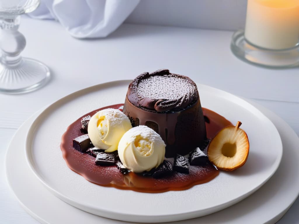  An ultradetailed image of a sleek, modern wine glass filled with a rich, deep red wine, placed next to an elegant dessert plate featuring a decadent chocolate lava cake topped with a perfect scoop of vanilla ice cream. The background is a subtle gradient of warm tones, emphasizing the luxurious and sophisticated aspect of wine and dessert pairing. hyperrealistic, full body, detailed clothing, highly detailed, cinematic lighting, stunningly beautiful, intricate, sharp focus, f/1. 8, 85mm, (centered image composition), (professionally color graded), ((bright soft diffused light)), volumetric fog, trending on instagram, trending on tumblr, HDR 4K, 8K