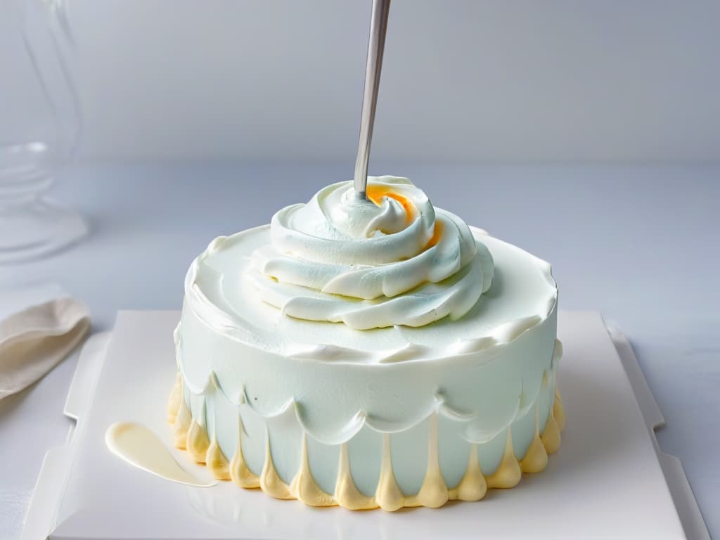  A closeup, ultradetailed image of a glossy, pristine white aquafaba meringue swirl delicately balanced on a silver whisk, capturing the light to emphasize its airy texture and vegan substitute for egg whites. hyperrealistic, full body, detailed clothing, highly detailed, cinematic lighting, stunningly beautiful, intricate, sharp focus, f/1. 8, 85mm, (centered image composition), (professionally color graded), ((bright soft diffused light)), volumetric fog, trending on instagram, trending on tumblr, HDR 4K, 8K