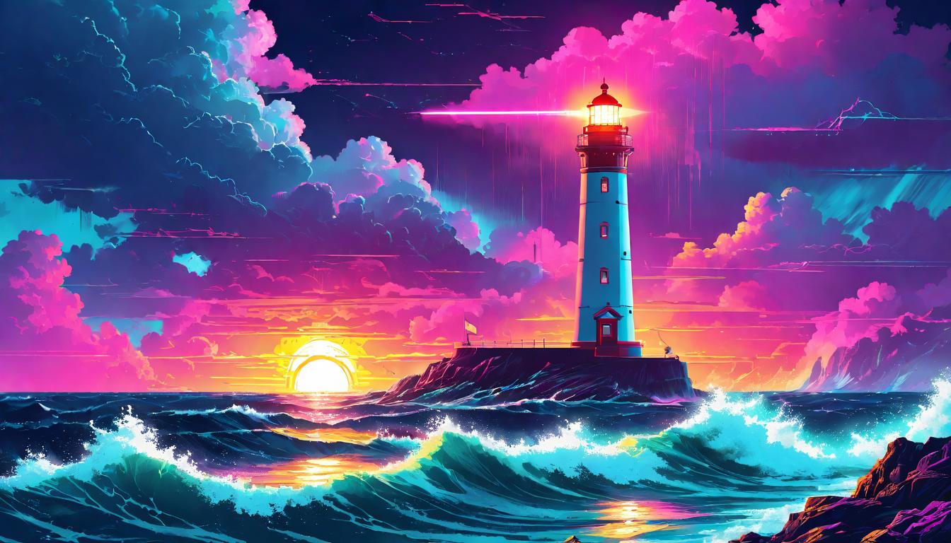  vaporwave,cyberpunk game style A lighthouse illuminating a stormy night sea, guiding ships through peril, beacon of hope and inspiration, unwavering presence in chaos, leadership in darkness, guiding light, safety in the tempest.eon, dystopian, futuristic, digital, vibrant, detailed, high contrast, reminiscent of cyberpunk genre video games,retro aesthetic, cyberpunk, vibrant, neon colors, vintage 80s and 90s style, highly detailed