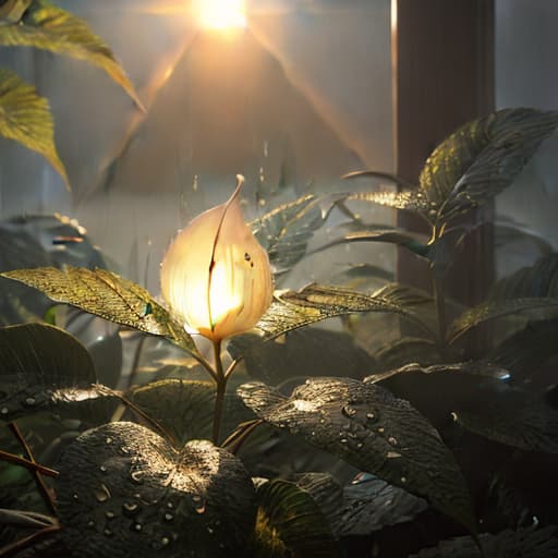  Sun after the storm, cooled and awe inspiringly realistic image, highly detailed, with lingering raindrops on leaves, muted colors, soft lighting, misty atmosphere, and a sense of calmness after the chaos. style RAW, best quality, masterpiece