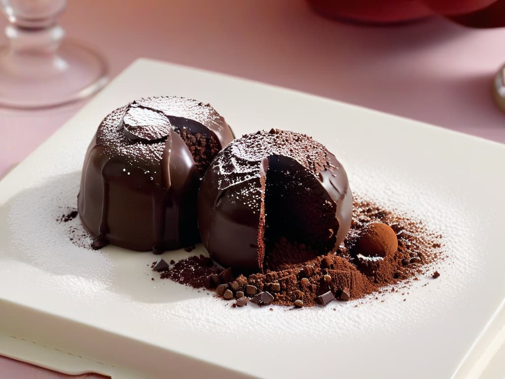  A closeup, ultradetailed image of a glossy, rich chocolate truffle being delicately coated in a dusting of cocoa powder, set against a backdrop of soft, warm winter hues like deep burgundy and creamy ivory. The truffle is perfectly spherical, showing off its velvety texture, with tiny specks of cocoa powder floating in the air around it, creating a magical and inviting scene that evokes feelings of warmth and indulgence. hyperrealistic, full body, detailed clothing, highly detailed, cinematic lighting, stunningly beautiful, intricate, sharp focus, f/1. 8, 85mm, (centered image composition), (professionally color graded), ((bright soft diffused light)), volumetric fog, trending on instagram, trending on tumblr, HDR 4K, 8K