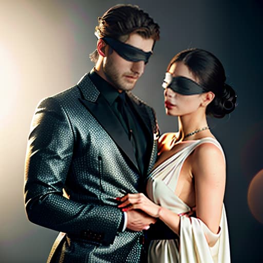  man and woman, blindfolds, beautiful clothes hyperrealistic, full body, detailed clothing, highly detailed, cinematic lighting, stunningly beautiful, intricate, sharp focus, f/1. 8, 85mm, (centered image composition), (professionally color graded), ((bright soft diffused light)), volumetric fog, trending on instagram, trending on tumblr, HDR 4K, 8K