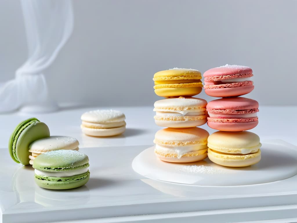  A serene, minimalist image featuring a pristine white marble countertop adorned with an array of meticulously arranged pastelcolored macarons in various flavors, delicately dusted with powdered sugar. The soft, natural light streaming in from a nearby window casts a gentle glow on the perfectly formed confections, highlighting their smooth, glossy exteriors and intricate, delicate details. The simplicity of the composition allows the vibrant hues of the macarons to pop against the clean, neutral backdrop, evoking a sense of elegance and artistry in the art of pastrymaking. hyperrealistic, full body, detailed clothing, highly detailed, cinematic lighting, stunningly beautiful, intricate, sharp focus, f/1. 8, 85mm, (centered image composition), (professionally color graded), ((bright soft diffused light)), volumetric fog, trending on instagram, trending on tumblr, HDR 4K, 8K