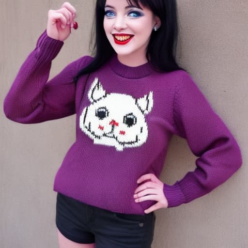  a  old  happy with black hair purple sweater and pink  and black boots and purple eyes