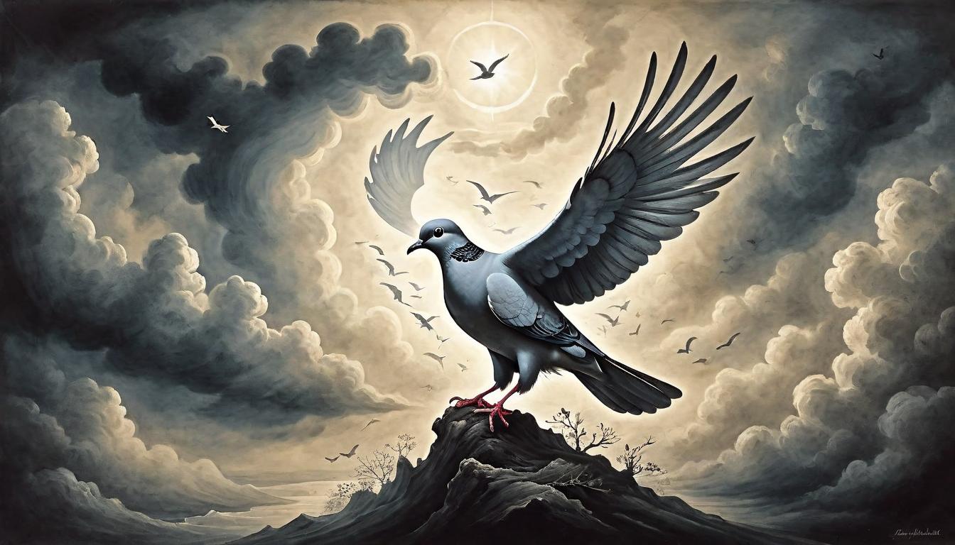  on parchment, surrealism+++, A dove emerging from a dark cloud, light piercing through the shadows, symbolizing hope and divine intervention in times of change, progress guided by values beyond profit, the evolution of society towards enlightenment and peace(mysterious, provocative, symbolic,muted color)+++