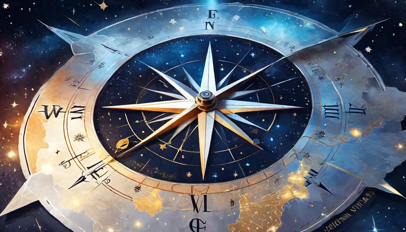  digital painting of A compass needle pointing towards a glowing symbol amidst a map of constellations, navigation, discovery, signs amidst the stars looking at viewer, dynamic pose, (intricate details, masterpiece, best quality)