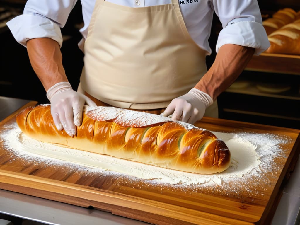  An ultradetailed 8k image of a master baker expertly shaping a traditional French baguette, captured from a topdown perspective. The baker's hands, covered in flour, delicately stretch and fold the dough, showcasing the intricate process of crafting the perfect loaf. The rustic wooden work surface contrasts beautifully with the smooth, elastic dough, creating a visually captivating scene that conveys both precision and artistry in advanced artisanal baking techniques. hyperrealistic, full body, detailed clothing, highly detailed, cinematic lighting, stunningly beautiful, intricate, sharp focus, f/1. 8, 85mm, (centered image composition), (professionally color graded), ((bright soft diffused light)), volumetric fog, trending on instagram, trending on tumblr, HDR 4K, 8K