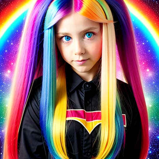  Long rainbow hair , Galaxy eyes school background