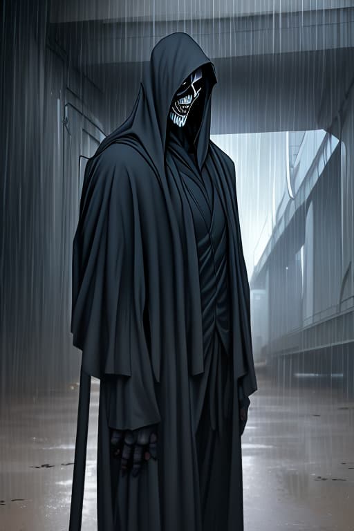  A-TaK, Tall, standing under freeway light, heavy rain, dressed like grim reaper, white mask, Grendel type