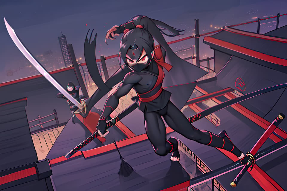  Ninja, acrobat, dynamism, high angle, ninja bundle, spacious, ninjutsu, sword, tension, night, and details