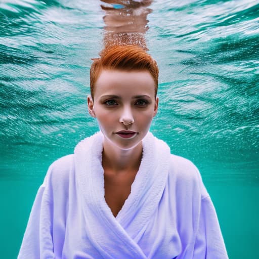 portrait+ style woman wearing a robe without anything else under water with short hair no reaction to her girl, woman age:31, girl age:16