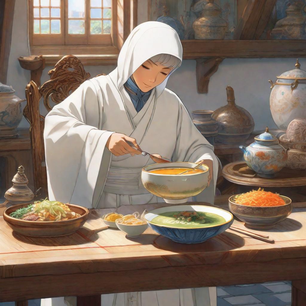  A little boy wearing a white abaya in front of a table drops a bowl of soup., anime concept art by Hayao Miyazaki, featured on pixiv, fantasy art, concept art, official art, high detailed hyperrealistic, full body, detailed clothing, highly detailed, cinematic lighting, stunningly beautiful, intricate, sharp focus, f/1. 8, 85mm, (centered image composition), (professionally color graded), ((bright soft diffused light)), volumetric fog, trending on instagram, trending on tumblr, HDR 4K, 8K