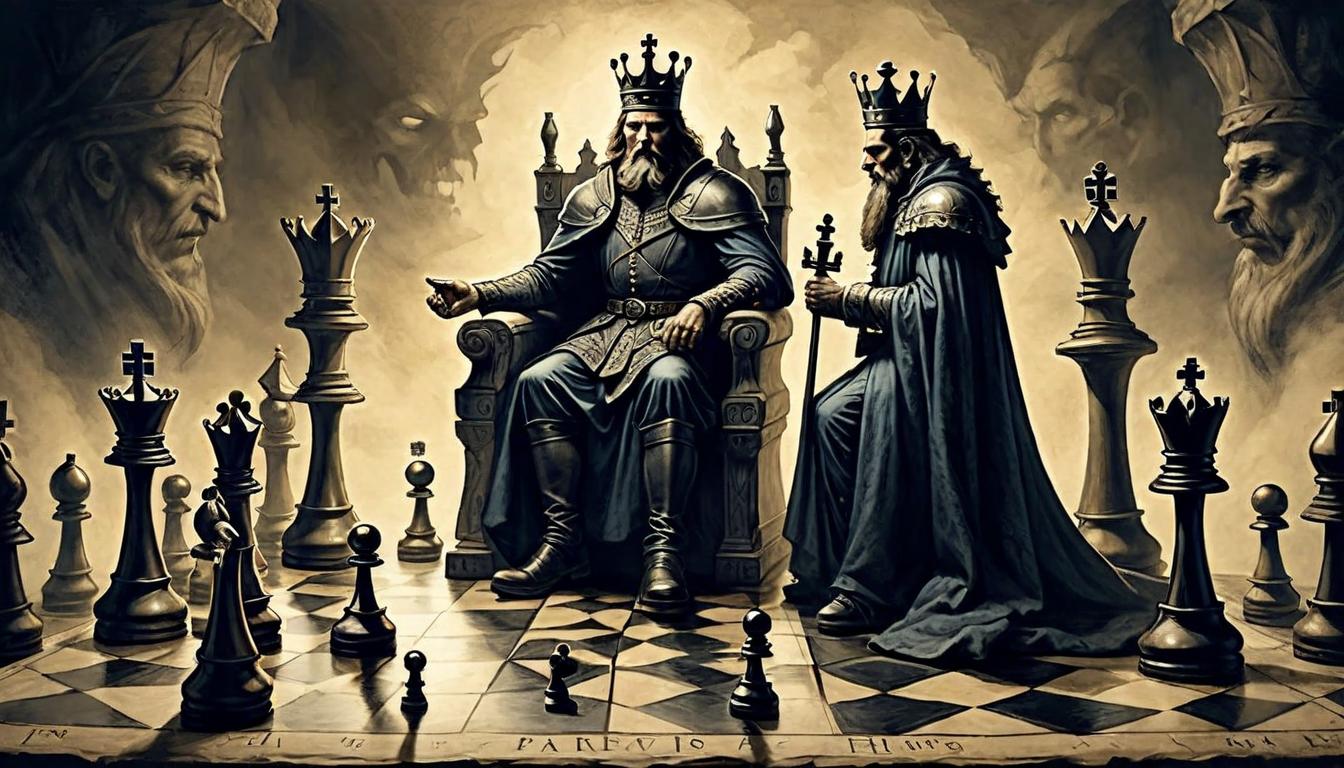  on parchment, surrealism+++, Chess pieces on a board enveloped in shadows, the King piece facing a menacing figure of fate, strategic placement, dark cunning, unseen forces at play(mysterious, provocative, symbolic,muted color)+++