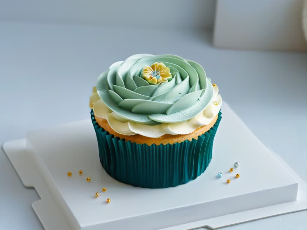  A closeup, ultradetailed image of a delicate, intricately decorated cupcake, featuring vibrant colors and intricate piping work that showcases the perfect blend of artistry and precision in pastry decoration. The cupcake is elegantly displayed on a sleek, modern white plate, with soft, diffused lighting that highlights every minute detail, from the shimmer of edible glitter to the precise placement of tiny sugar flowers. This minimalist yet visually striking image serves as a captivating visual representation of the artistry and precision achievable through the combination of augmented reality technology and the world of pastry decoration. hyperrealistic, full body, detailed clothing, highly detailed, cinematic lighting, stunningly beautiful, intricate, sharp focus, f/1. 8, 85mm, (centered image composition), (professionally color graded), ((bright soft diffused light)), volumetric fog, trending on instagram, trending on tumblr, HDR 4K, 8K