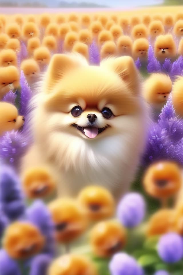  ((753))((753 figures))((thank you)) masterpiece,(cute puppy pomeranian) orange,fluffy,,happy,in lavender field,high quality,high quality,8k,16k