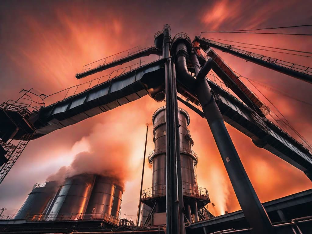  A sprawling steel mill at dusk with smokestacks emitting plumes of steam, large industrial structures dominating the foreground, and a fiery orange sky reflecting the glow of molten metal. digital art, ilustration, no flares, clean hyperrealistic, full body, detailed clothing, highly detailed, cinematic lighting, stunningly beautiful, intricate, sharp focus, f/1. 8, 85mm, (centered image composition), (professionally color graded), ((bright soft diffused light)), volumetric fog, trending on instagram, trending on tumblr, HDR 4K, 8K