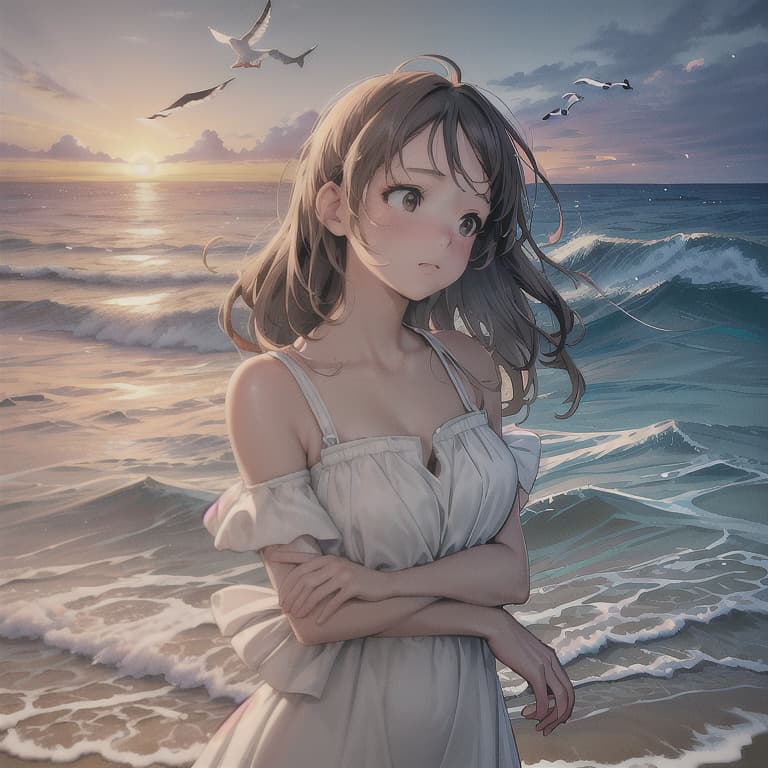  (8K, high resolution), (masterpiece, best quality:1.2), highres, perfect anatomy,girl sea contemplative gaze ocean waves serene expression sunset backdrop windswept hair wistful thoughts sandy beach seagulls flying by nostalgic mood,light particles, soft lighting, volumetric lighting, intricate details, finely detailed