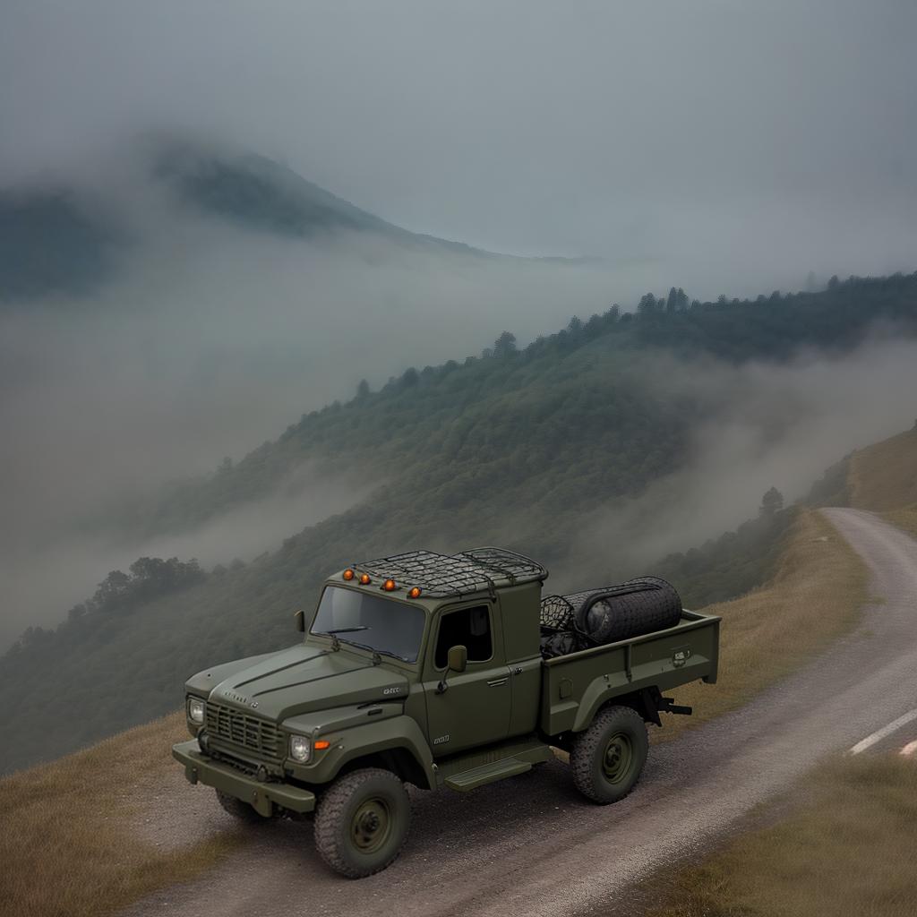  Masterpiece, best quality, masterpiece, 8k resolution, realistic, highly detailed. In a thick fog, visibility is very low, army green Chase pickup parked on a concrete slope mountain road, picture angle from the cab looking out, fog shrouded.