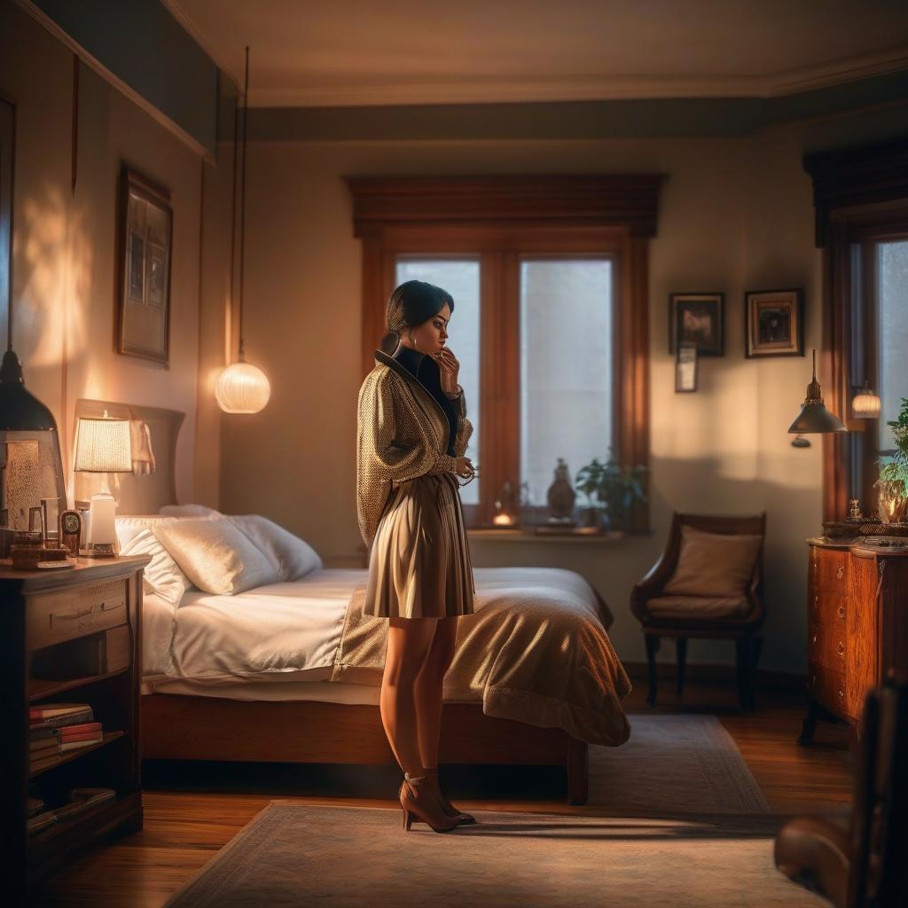  A small student in the bedroom. hyperrealistic, full body, detailed clothing, highly detailed, cinematic lighting, stunningly beautiful, intricate, sharp focus, f/1. 8, 85mm, (centered image composition), (professionally color graded), ((bright soft diffused light)), volumetric fog, trending on instagram, trending on tumblr, HDR 4K, 8K