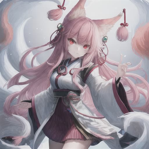  kitsune girl with pink hair and red eyes