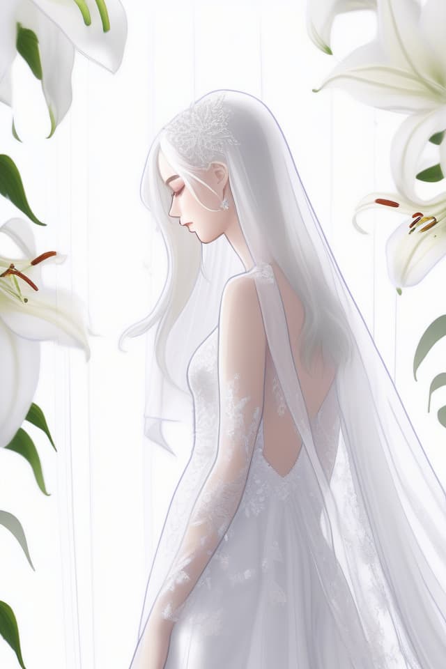  (Gentle illustration) (Lilies in the background), Masterpiece, (Back View) (Beautiful Silver Hair) Mbroidered Dress on White Fabric (Long Transparent) VEIL), High Quality, 8k