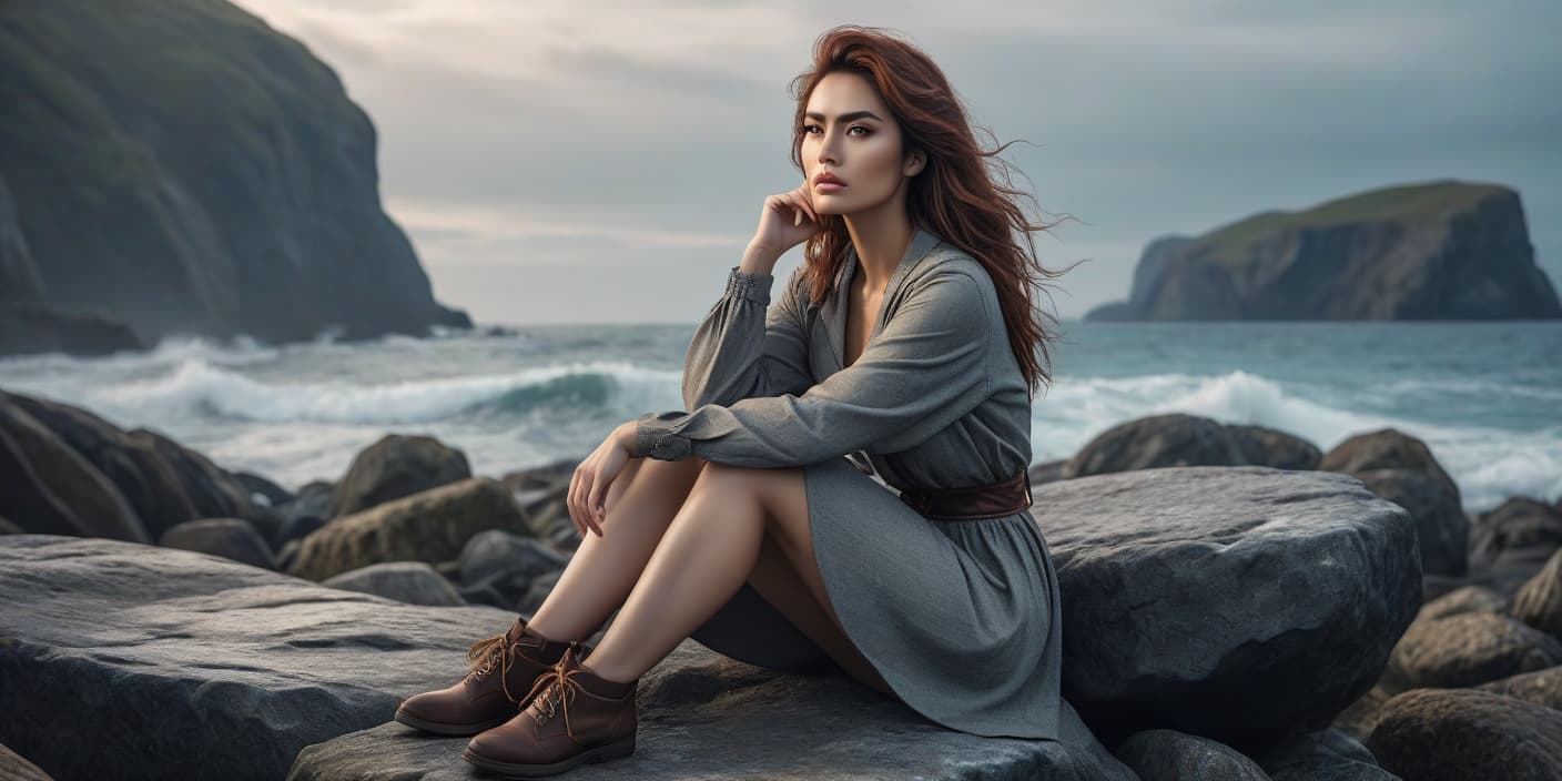  A girl is sitting on a stone by the ocean and looking far away. hyperrealistic, full body, detailed clothing, highly detailed, cinematic lighting, stunningly beautiful, intricate, sharp focus, f/1. 8, 85mm, (centered image composition), (professionally color graded), ((bright soft diffused light)), volumetric fog, trending on instagram, trending on tumblr, HDR 4K, 8K