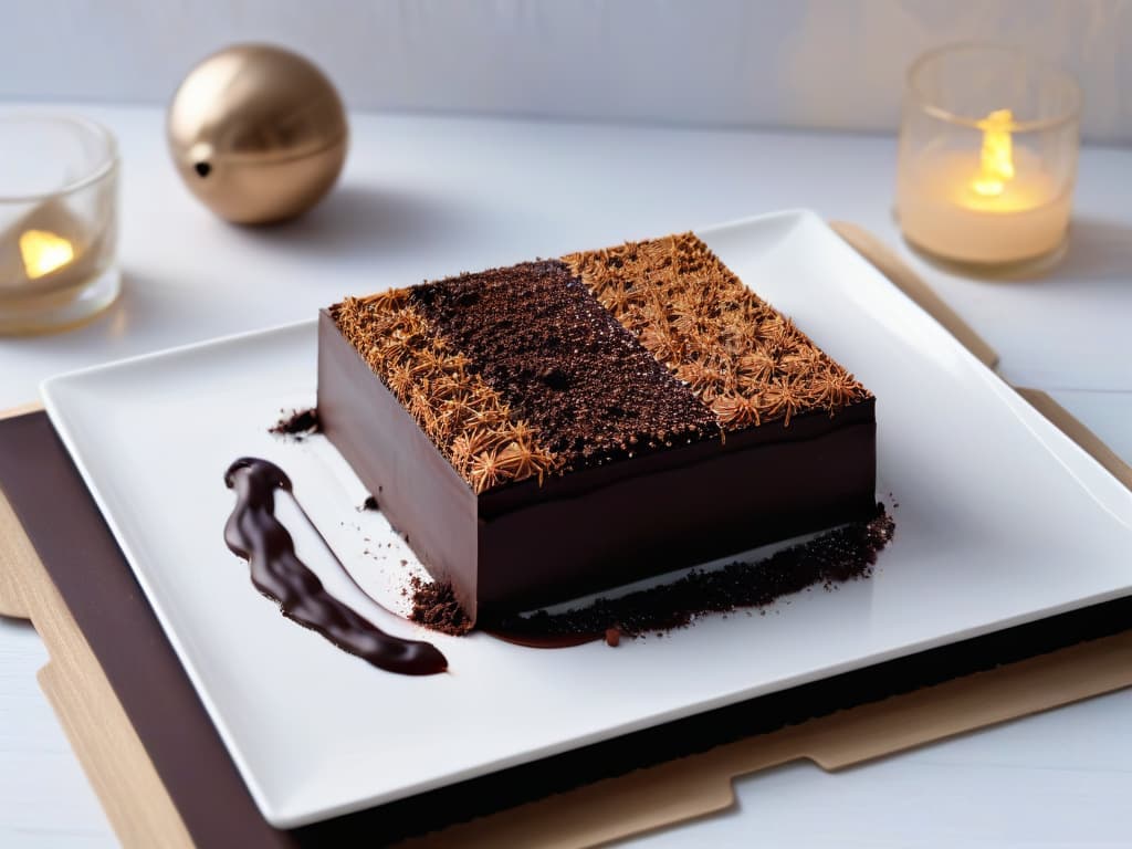  A closeup, ultradetailed image of a luxurious, shiny piece of dark chocolate with a sprinkle of cocoa powder on top, placed on a sleek, modern white plate. The chocolate is artfully broken, revealing its rich, indulgent texture, with subtle hints of intricate swirls and patterns on its surface. The lighting accentuates the deep, velvety tones of the chocolate, creating a visually captivating and sophisticated image that perfectly complements the professional and inspirational tone of the article. hyperrealistic, full body, detailed clothing, highly detailed, cinematic lighting, stunningly beautiful, intricate, sharp focus, f/1. 8, 85mm, (centered image composition), (professionally color graded), ((bright soft diffused light)), volumetric fog, trending on instagram, trending on tumblr, HDR 4K, 8K