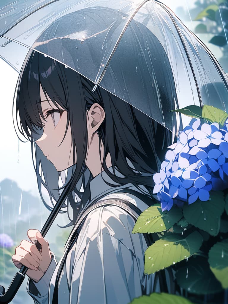  (A girl with a transparent umbrella),(black hair,long,gray eyes),((hydrangea,rain,cloudy sky)),((from side)),(low saturation color,dark color),, masterpiece, best quality,8k,ultra detailed,high resolution,an extremely delicate and beautiful,hyper detail